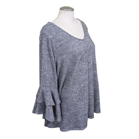 Womens Plus Size Sweater 3X Heathered Gray Double Bell Sleeves V Neck Plush Soft - Picture 2 of 8